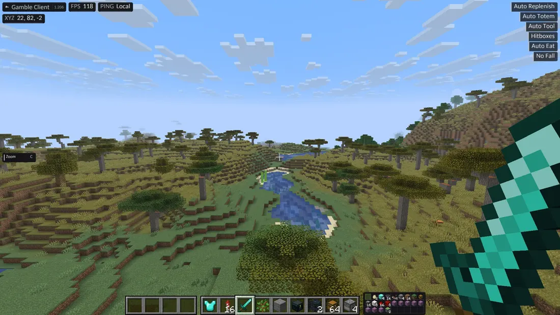 Gamble Client running in Minecraft, with its HUD and module list on screen.